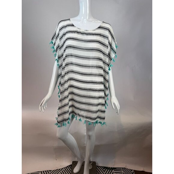 Black & White Striped Lightweight Kaftan With Tassels One Size 100% Polyester Wo - Picture 7 of 16